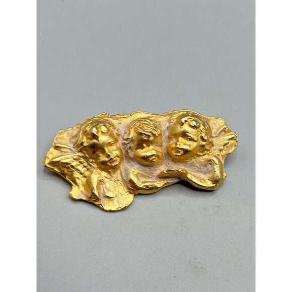 Vintage Pin Brooch La Rage Three Angels Cherubs in Clouds Gold Tone Angel Wings - Picture 7 of 9